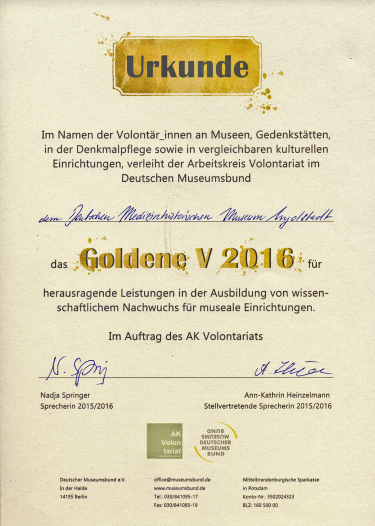 Das Goldene V 2016 für das Deutsche Medizinhistorische Museum